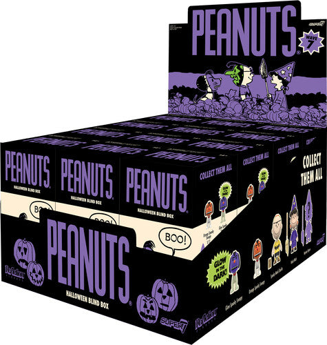 Peanuts Halloween blind box packaging with character illustrations on a white background