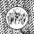 Circular design with figures on horses surrounded by text, resembling a vintage illustration.