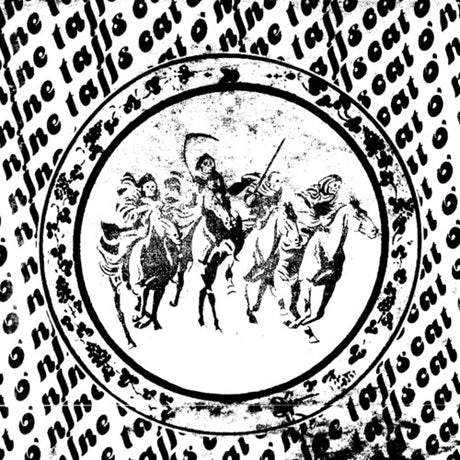 Circular design with figures on horses surrounded by text, resembling a vintage illustration.
