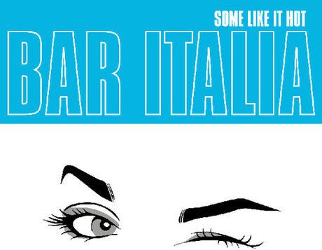 Advertisement for Bar Italia with stylized eyes and text on a blue background