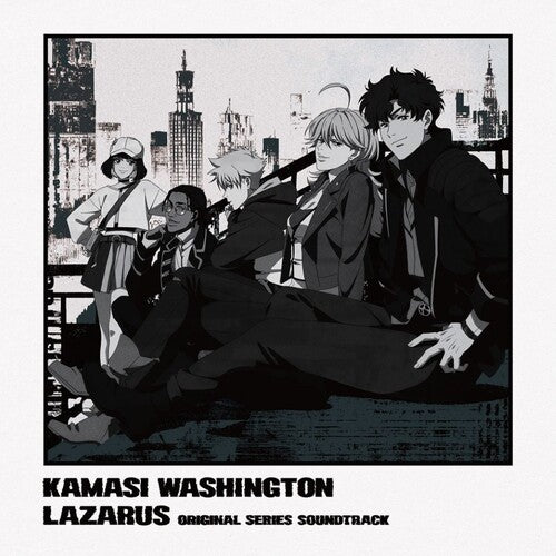 Album cover for Kamasi Washington's 'Lazarus' with stylized characters and cityscape.