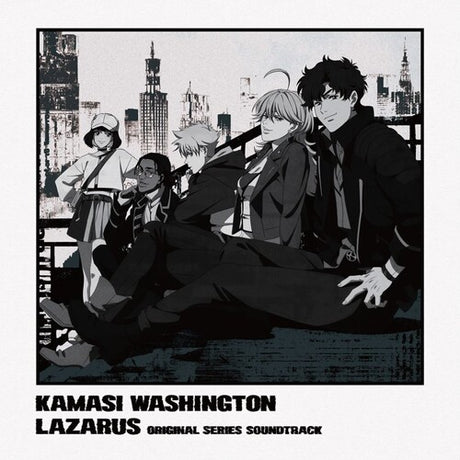 Album cover for Kamasi Washington's 'Lazarus' with stylized characters and cityscape.