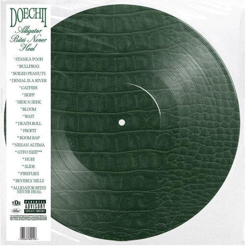 Vinyl record with green alligator skin texture and album cover on a white background