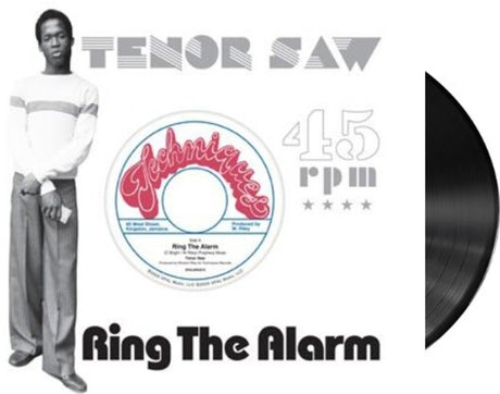 Vinyl record and cover with 'Tenor Saw' and 'Ring The Alarm' text on a white background