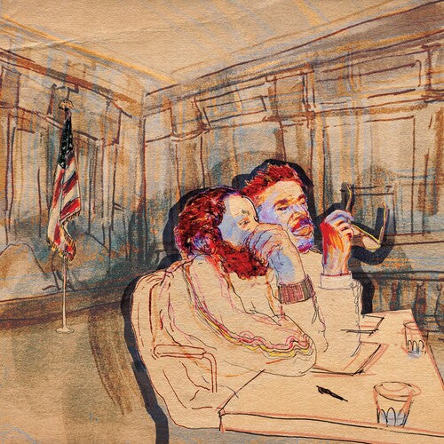 Colorful illustration of two people sitting at a table in a courtroom setting.