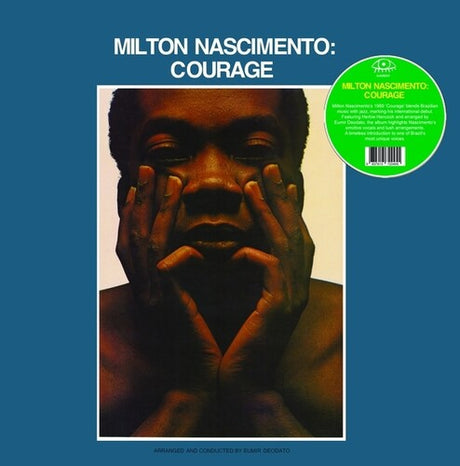 Album cover for 'Courage' by Milton Nascimento with a blue background and green label.