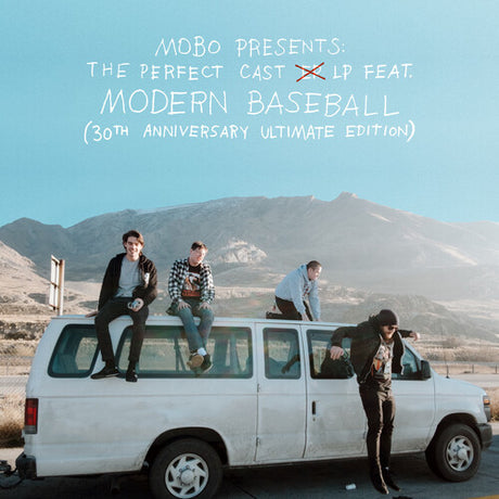 Album cover with four people on a van against a mountainous landscape, featuring text about 'Modern Baseball'.