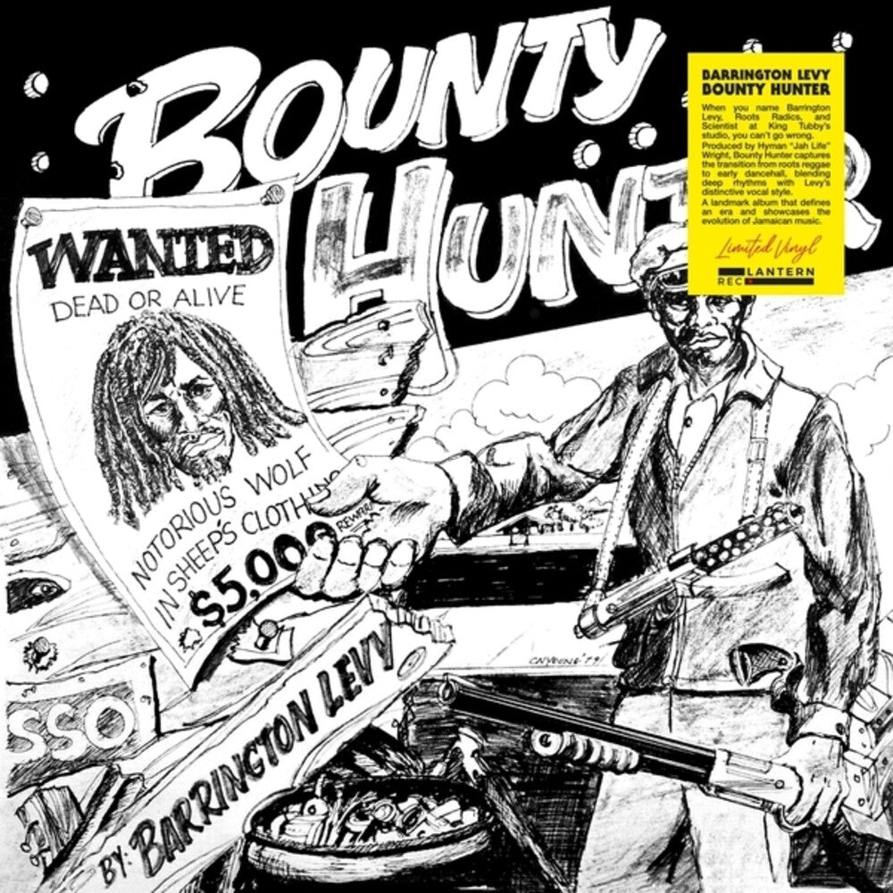 Illustration of a bounty hunter with a wanted poster and rifle, featuring Barrington Levy's 'Bounty Hunter' album cover.