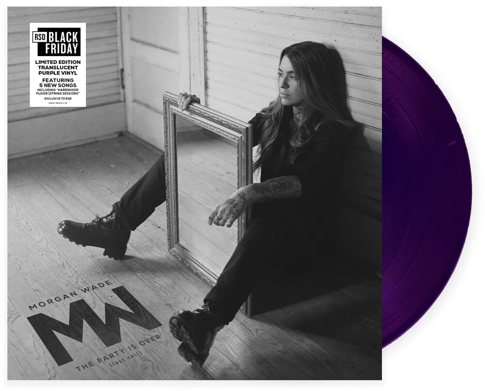 Vinyl record with a person leaning against a mirror and a purple record on a white background.
