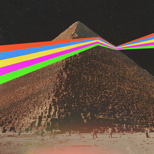 Pyramid with a rainbow beam effect on a dark background