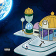 Cartoon scene with a futuristic building, hourglass, and Earth in the background.