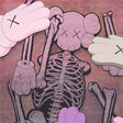 Cartoonish skeleton with pink gloves and a pink background