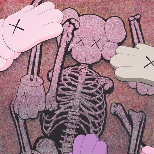 Cartoonish skeleton with pink gloves and a pink background