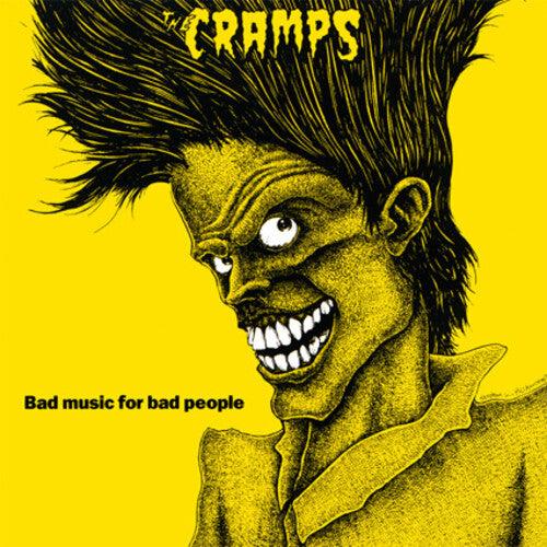 Album cover with a stylized illustration of a character and text 'The Cramps Bad music for bad people' on a yellow background