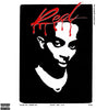 Album cover with stylized face and red text on a black background