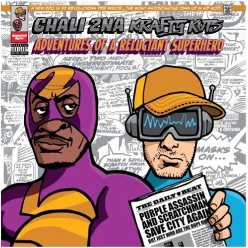 Album cover with two animated characters on a comic book style background