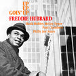 Album cover featuring a black and white portrait of a musician with text about the album 'Goin' Up Up' by Freddie Hubbard.