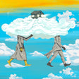 Two figures carrying a cloud with a house on it against a blue sky with clouds.