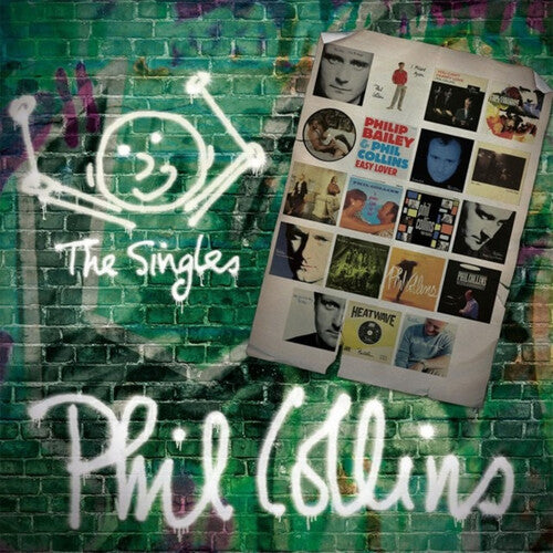 Album cover for 'The Singles' by Phil Collins with a brick wall background