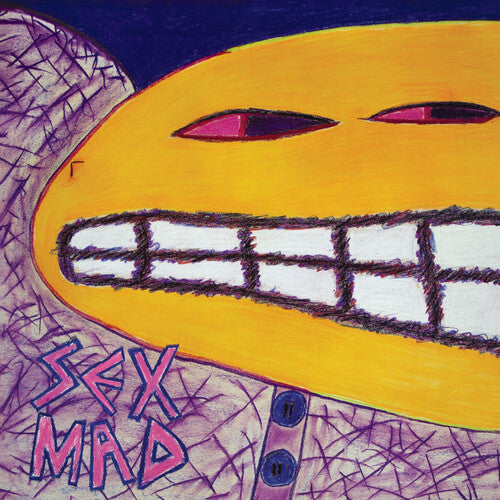 Surrealistic illustration of a face with a yellow oval, purple eyes, and a purple mouth with teeth. The word 'SEX' is written on the face.