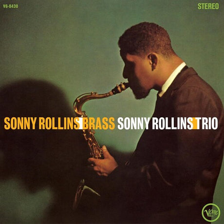 Album cover featuring a man playing saxophone with text 'Sonny Rollins Trio' on a green background