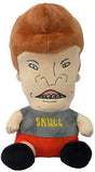 Plush toy with a face design and 'SKULL' text on a plain background