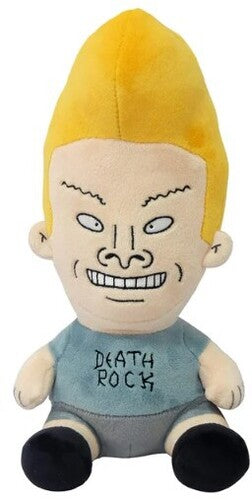 Plush toy with a face design and 'Death Rock' shirt on a white background