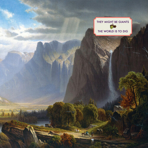 Mountain landscape with a waterfall and trees, featuring a text overlay about the band TMBG.