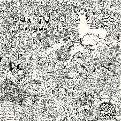 Black and white illustration with animals and text 'of Montreal' on a white background