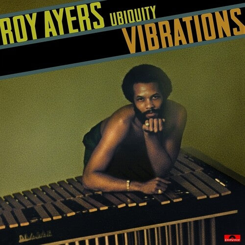 Album cover of 'Vibrations' by Roy Ayers featuring a person leaning on a keyboard.