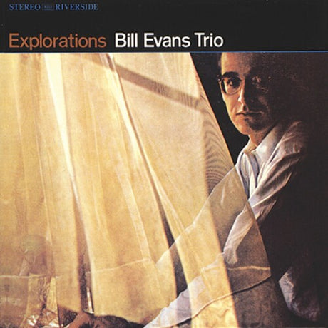 Album cover of 'Explorations' by Bill Evans Trio with a person behind sheer curtains.