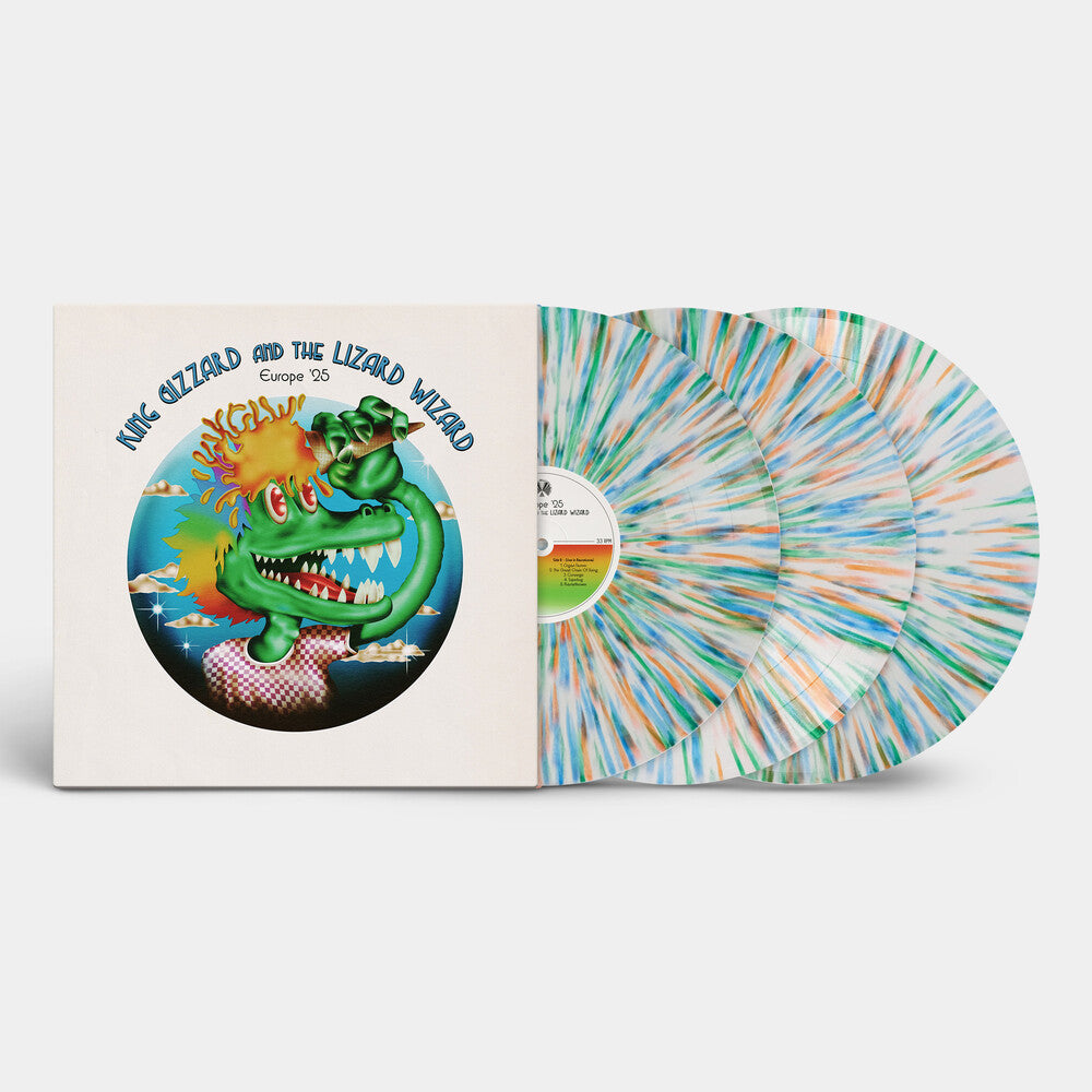 Vinyl record with colorful sleeve and disc on a white background