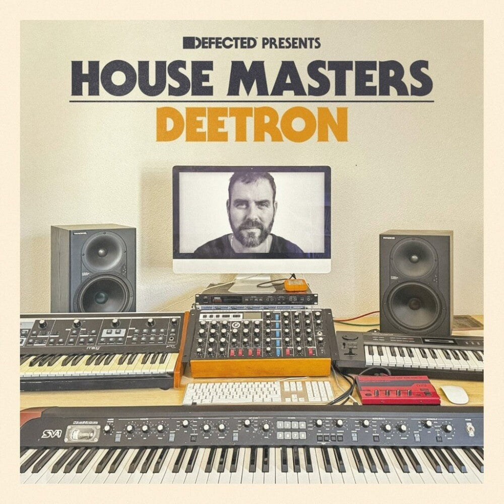 Album cover for 'House Masters Deetron' featuring music production equipment and a screen with a person's face.