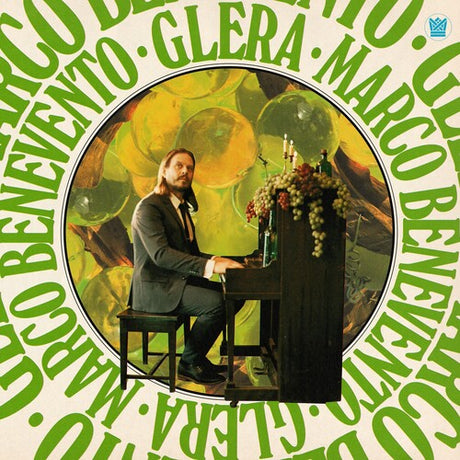Album cover with a person playing piano, surrounded by text and floral elements.