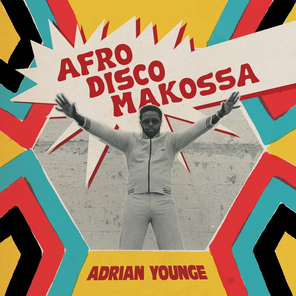 Album cover for 'Afro Disco Makossa' by Adrian Younge with geometric patterns and a person in a tracksuit.