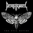 Album cover for 'The Evil Divide' by Death Angel featuring a moth with a skull design on a black background.
