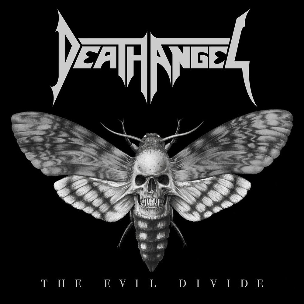 Album cover for 'The Evil Divide' by Death Angel featuring a moth with a skull design on a black background.