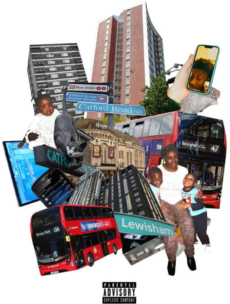 A collage of London-themed elements including red double-decker buses, street signs reading Catford Road and Lewisham, tall apartment buildings, a phone showing a video call, a baby stroller, and several people, arranged on a white background with a Parental Advisory label at the bottom.