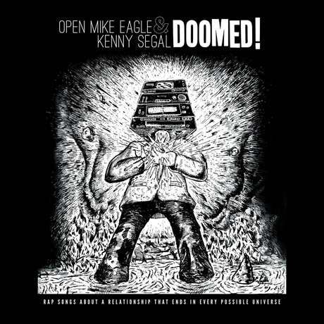 Album cover featuring a person holding cassettes with text about Open Mike Eagle and Kenny Segal's 'Doomed!'.