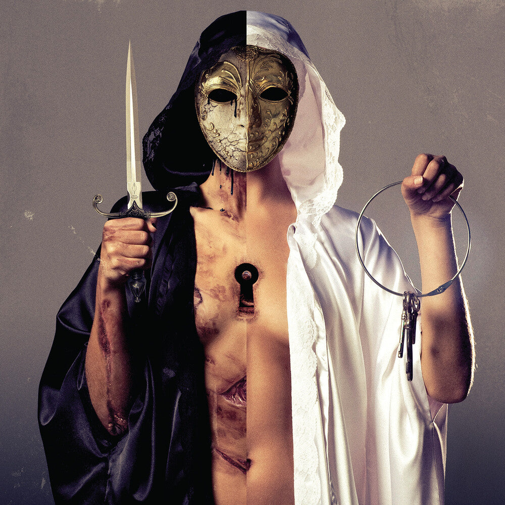 Person wearing a mask and holding a dagger and handcuffs against a gray background