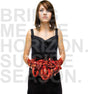 Woman holding a red, heart-shaped object with text overlay on a white background
