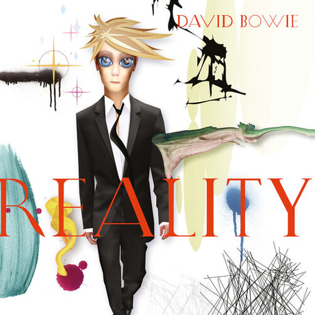 Album cover for 'Reality' by David Bowie with a stylized character and abstract elements.