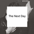 Album cover of 'The Next Day' by David Bowie with a black and white photo of a person holding their hands together.
