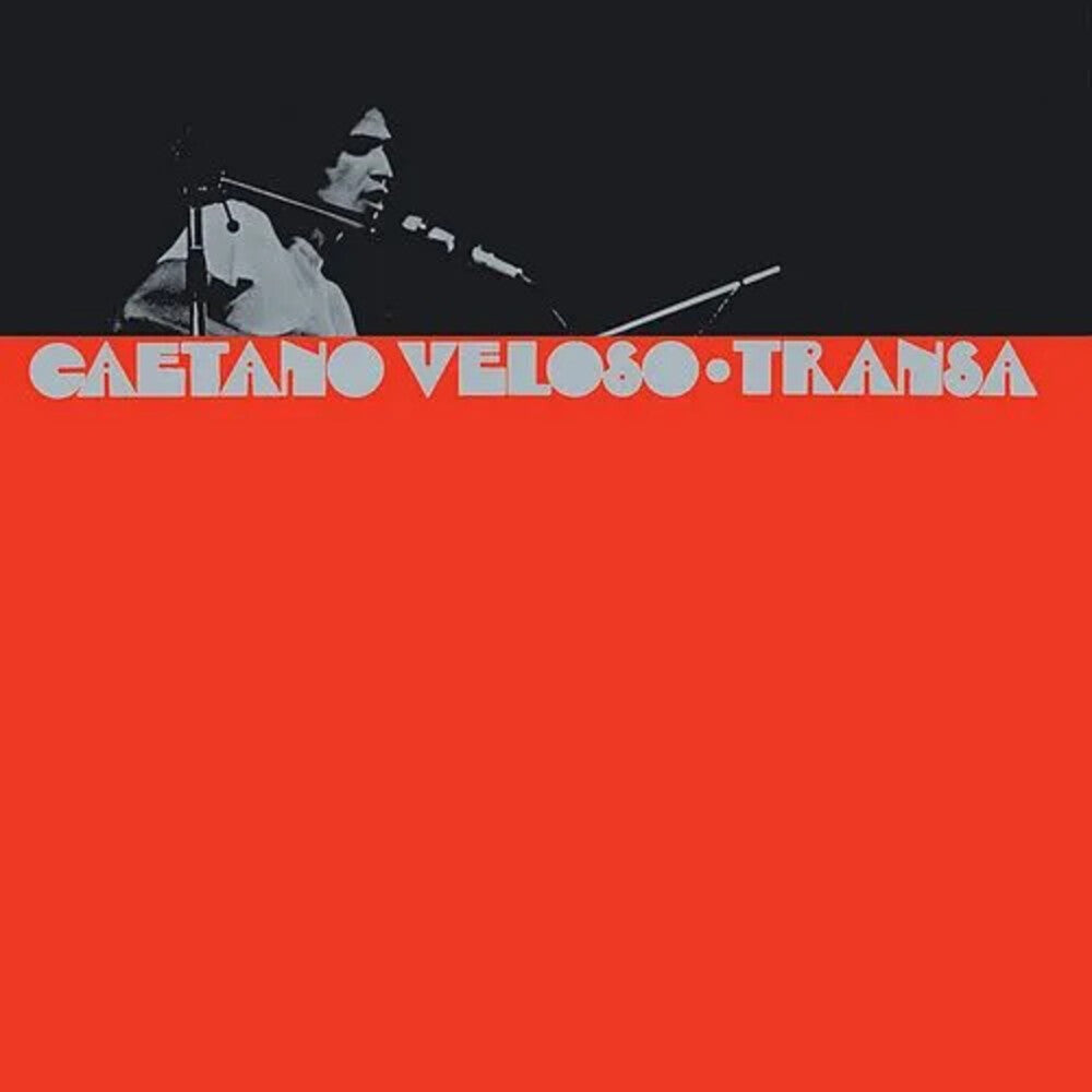 Album cover with a silhouette of a person singing into a microphone and the text 'Caetano Veloso Tranga' on a red background.