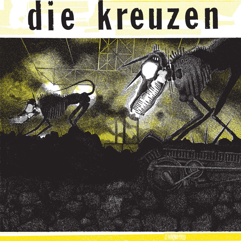 Album cover art for 'die kreuzen' featuring two skeletal dog figures in a dark industrial scene with yellow-green haze, black foreground silhouettes, and a yellow band at the top and bottom.