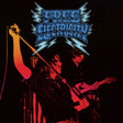 Album cover art for 'Free Electricity' featuring a stylized graphic of two guitarists on stage under a blue lightning-bolt logo, with red and orange stage lighting on a black background.