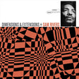 Album cover for 'Dimensions & Extensions + Sam Rivers' featuring a bold black and orange geometric optical illusion pattern across the lower portion, a white upper background with the title text, and a black-and-white portrait of Sam Rivers in the top-right corner.