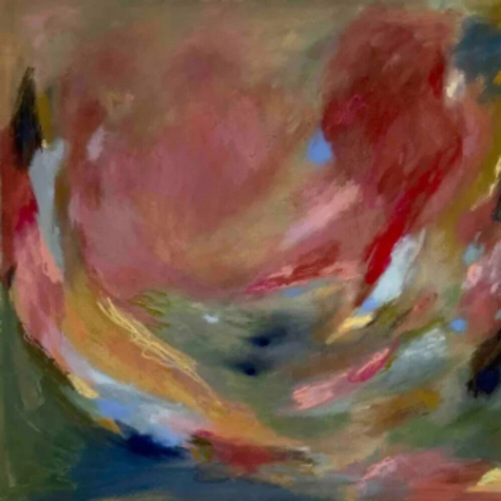 An abstract painting with fluid, swirling brushstrokes in dusty pink, red, green, blue, yellow, and brown tones.