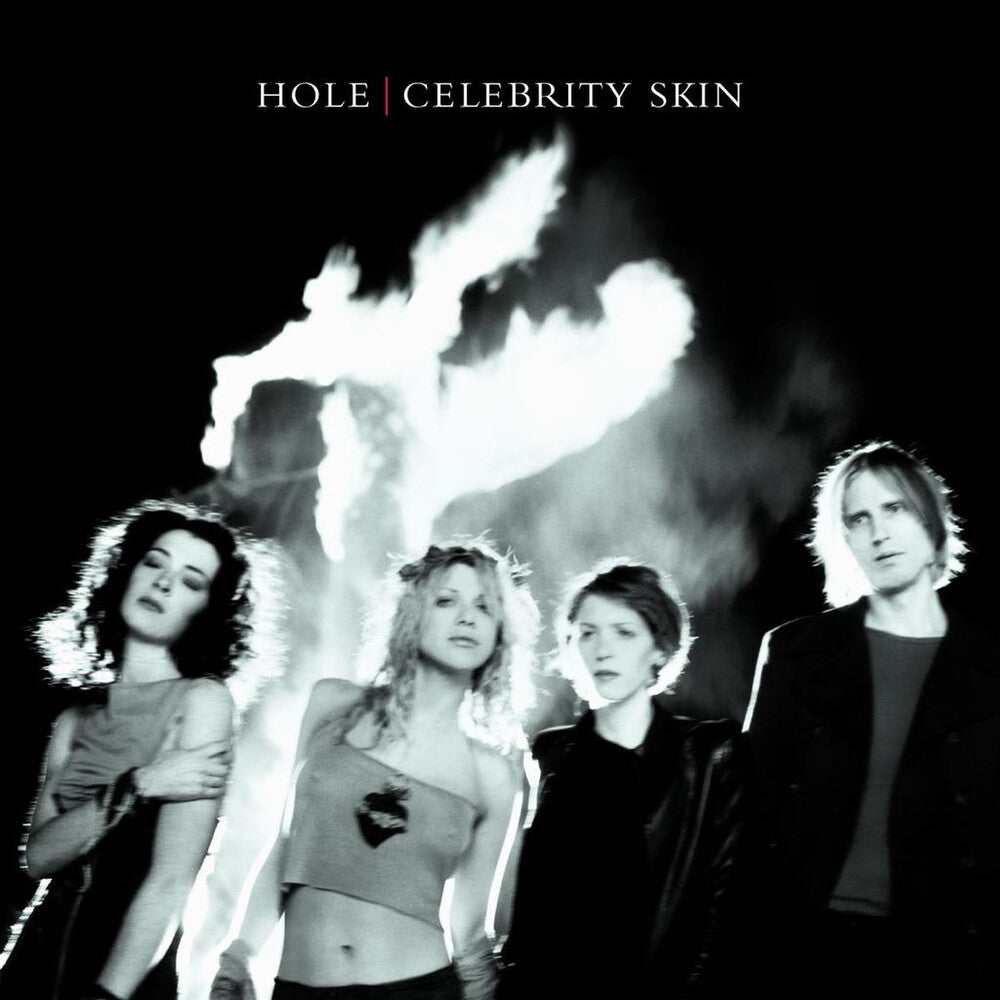 Hole - Celebrity Skin album cover featuring the band members in black and white against a dark background with a bright white flame-like graphic.