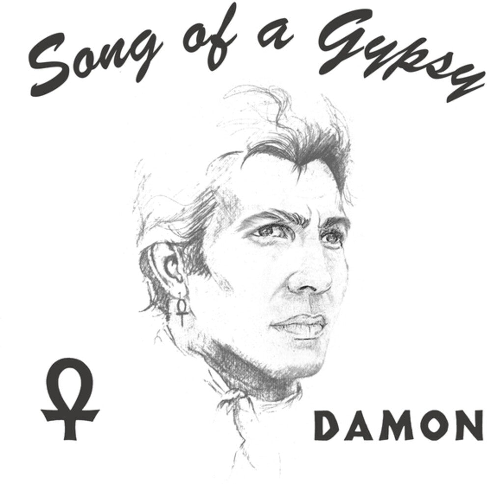 Black and white graphic print featuring a pencil-style sketch portrait of Damon, with the text 'Song of a Gypsy' at the top, an Ankh symbol at bottom left, and 'DAMON' at bottom right.